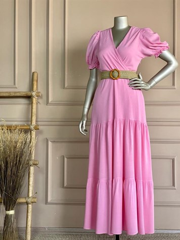 Krinkıl Kumaş Kruvaze Yaka Elbise (Pembe)