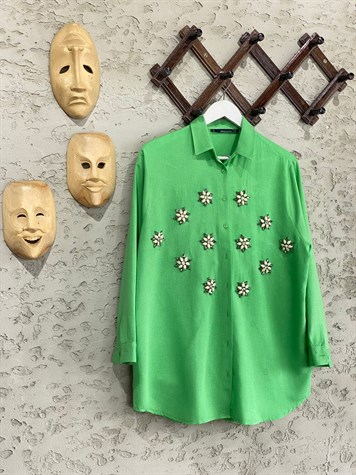 Kristal Boncuk İşlemeli Tasarım Oversize Gömlek (Yeşil)