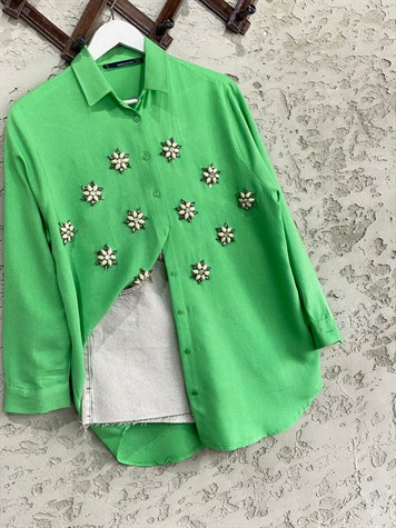 Kristal Boncuk İşlemeli Tasarım Oversize Gömlek (Yeşil)
