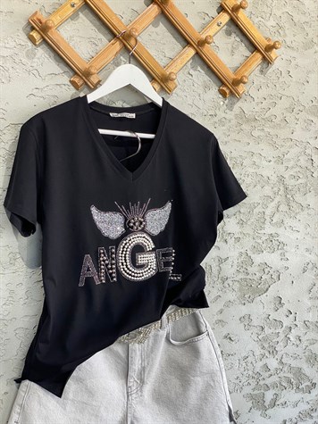 Kristal İnci İşlemeli Angel Tshirt (Beyaz/Siyah)