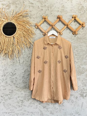 Kristal Parlak Taş İşlemeli Oversize Gömlek (Bej)