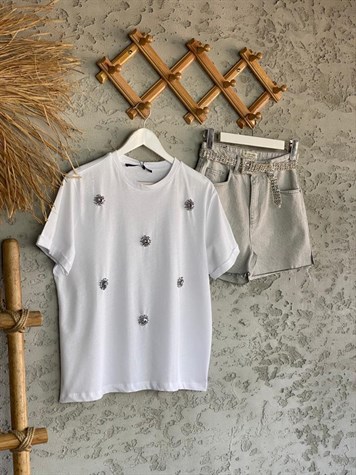 Kristal Taş Detaylı Tshirt (Beyaz)