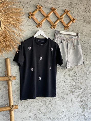 Kristal Taş Detaylı Tshirt (Siyah)