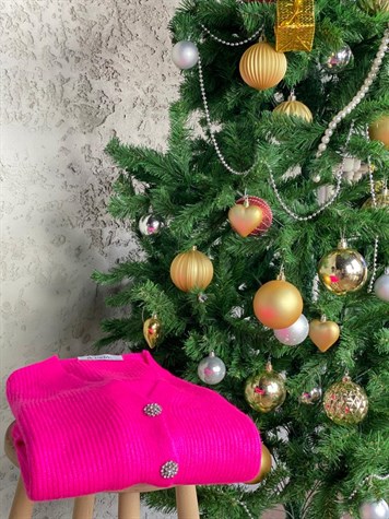 Kristal Taş Düğmeli Yumoş Hırka (Neon Pembe)