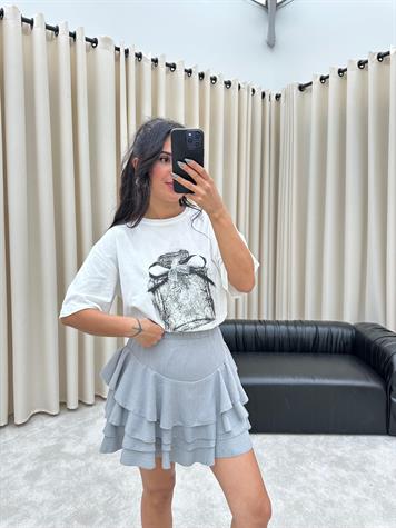 Kristal Taş İşçilikli Dantel Fiyonklu Tişört (Ekru)
