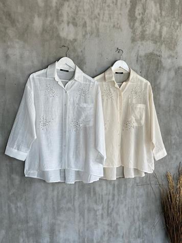 Kristal Taş İşçilikli Oversize Gömlek (Natural)