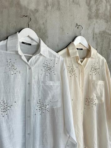 Kristal Taş İşçilikli Oversize Gömlek (Natural)