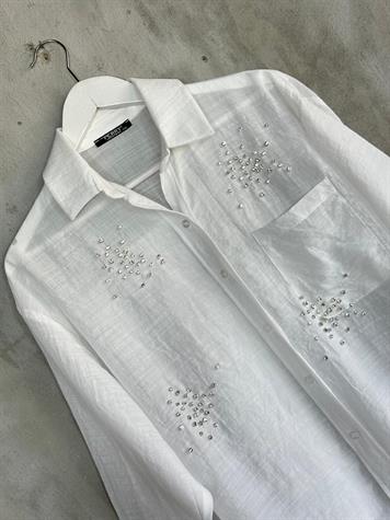 Kristal Taş İşçilikli Oversize Gömlek (Beyaz)