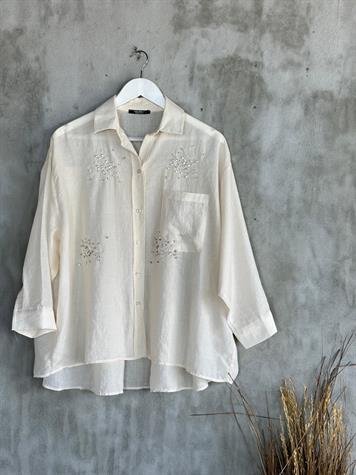 Kristal Taş İşçilikli Oversize Gömlek (Natural)