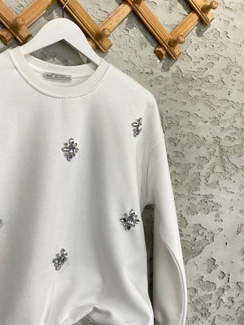 Kristal Taş İşçilikli Şardonlu Sweat (Beyaz)