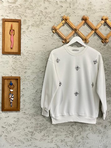 Kristal Taş İşçilikli Şardonlu Sweat (Beyaz)