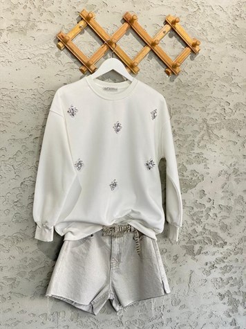 Kristal Taş İşçilikli Şardonlu Sweat (Beyaz)