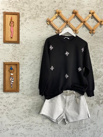 Kristal Taş İşçilikli Şardonlu Sweat (Siyah)