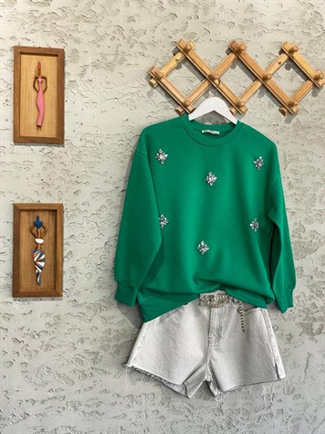 Kristal Taş İşçilikli Şardonlu Sweat (Zümrüt Yeşili)