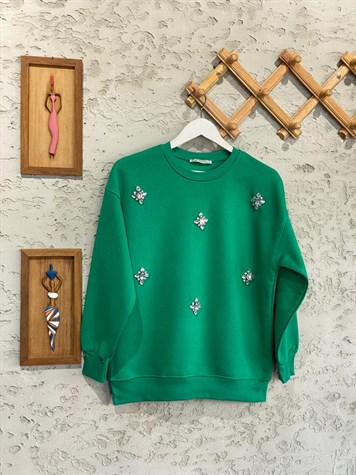Kristal Taş İşçilikli Şardonlu Sweat (Zümrüt Yeşili)