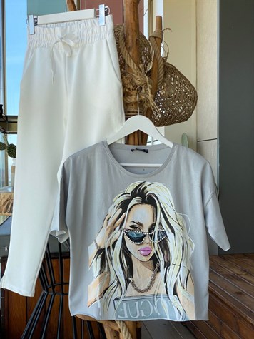 Kristal Taş İşçilikli Tshirt (Gri)