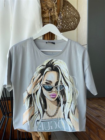 Kristal Taş İşçilikli Tshirt (Gri)