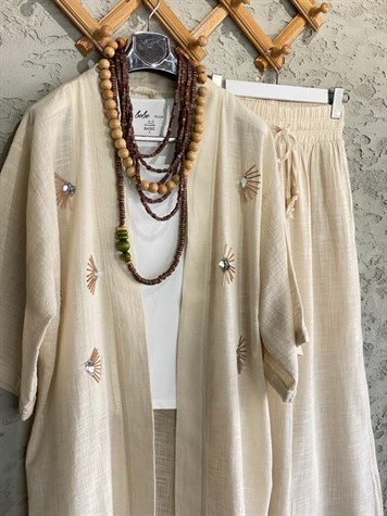 Kristal Taş İşlemeli Organik Coton Kaftan (Ekru)