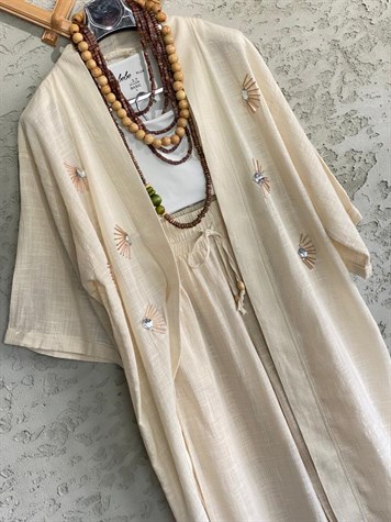 Kristal Taş İşlemeli Organik Coton Kaftan (Ekru)