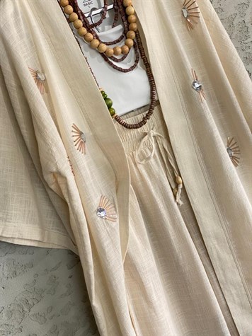Kristal Taş İşlemeli Organik Coton Kaftan (Ekru)