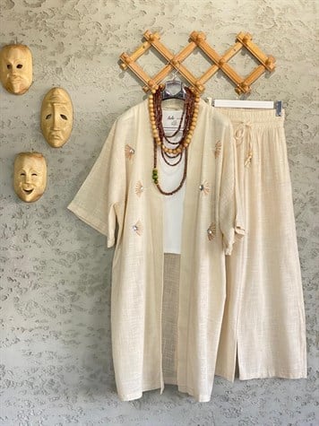 Kristal Taş İşlemeli Organik Coton Kaftan (Ekru)