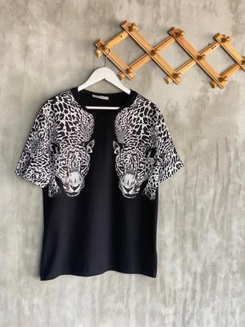 Kristal Taş İşlemeli Leopar Desen Tişört (Siyah)