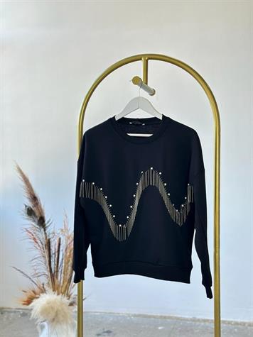 Kristal Taş ve Salkım Zincir İşçilikli Sweat (Siyah)