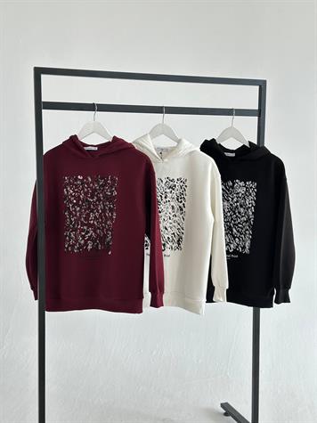Kristal Taş Ve Varak Baskılı Kapüşonlu Sweat (Bordo)