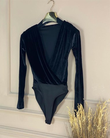 Kruvaze Kadife Bodysuit (Siyah)
