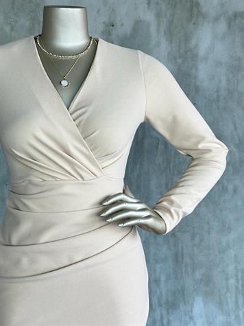 Kruvaze Yaka Ambolog Model Elbise (Bej)