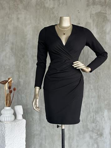 Kruvaze Yaka Ambolog Model Elbise (Siyah)