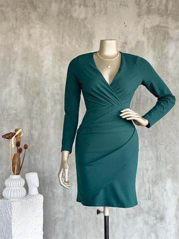 Kruvaze Yaka Ambolog Model Elbise (Zümrüt Yeşil)