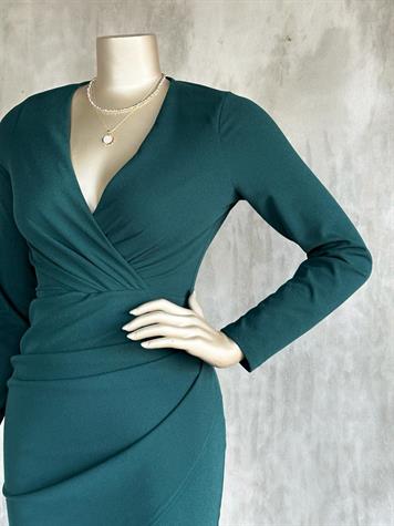 Kruvaze Yaka Ambolog Model Elbise (Zümrüt Yeşil)