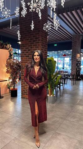 Kruvaze Yaka Düğüm Detaylı Simli Elbise (Bordo)