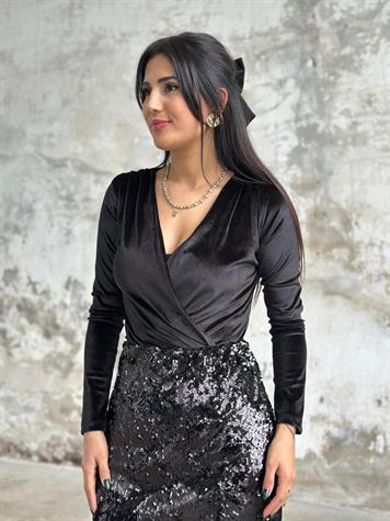 Kruvaze Yaka Kadife Kumaş Bodysuit (Siyah)