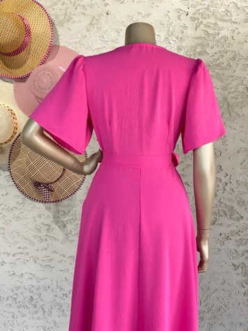 Kruvaze Yaka Midi Elbise (Pembe)