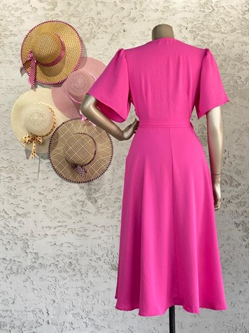 Kruvaze Yaka Midi Elbise (Pembe)