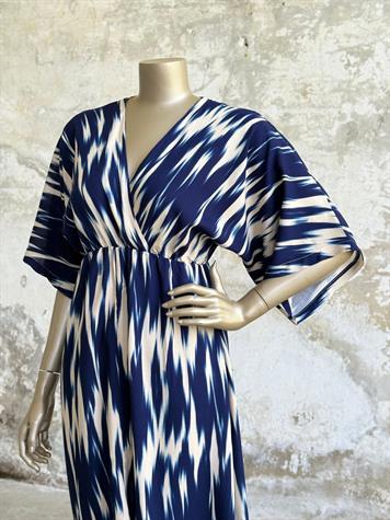 Kruvaze Yaka Yarasa Kol Batik Elbise (Lacivert)