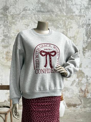 Kurdele ve Yazı Nakışlı Oversize Sweatshirt (Gri)