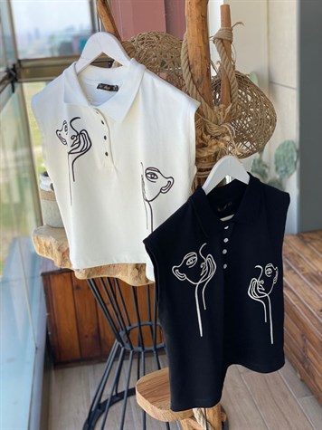 Lacoste Kumaş Yüz Nakış İşçilikli Bluz (Siyah & Ekru)