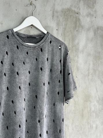 Lazer Kesikli  Oversize Dokuma Tişört (Gri Melanj)