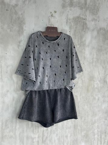 Lazer Kesikli  Oversize Dokuma Tişört (Gri Melanj)