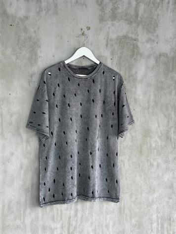 Lazer Kesikli  Oversize Dokuma Tişört (Gri Melanj)