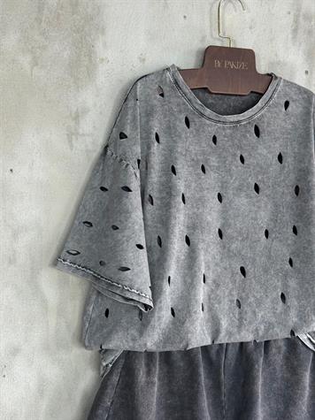 Lazer Kesikli  Oversize Dokuma Tişört (Gri Melanj)