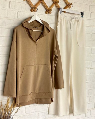 Lazer Kesim Cep Detaylı Sweat (Camel)