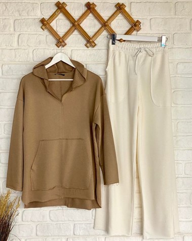 Lazer Kesim Cep Detaylı Sweat (Camel)