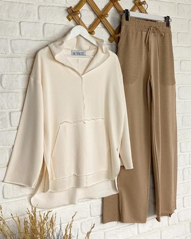 Lazer Kesim Cep Detaylı Sweat (Ekru)