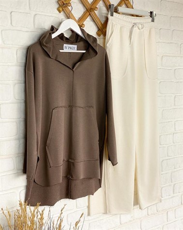 Lazer Kesim Cep Detaylı Sweat (Kahve)