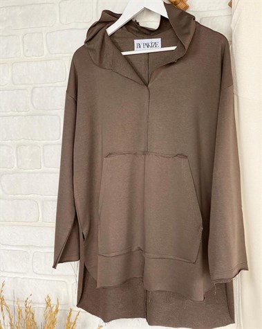 Lazer Kesim Cep Detaylı Sweat (Kahve)
