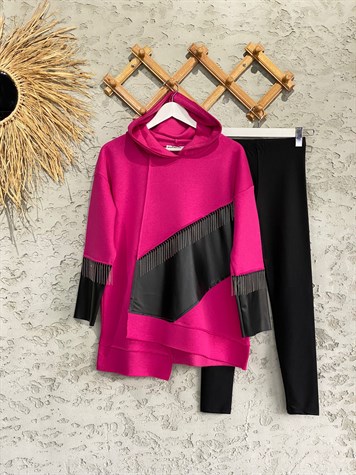 Lazer Kesim Detaylı Kapüşonlu Fuşya Sweatshirt
